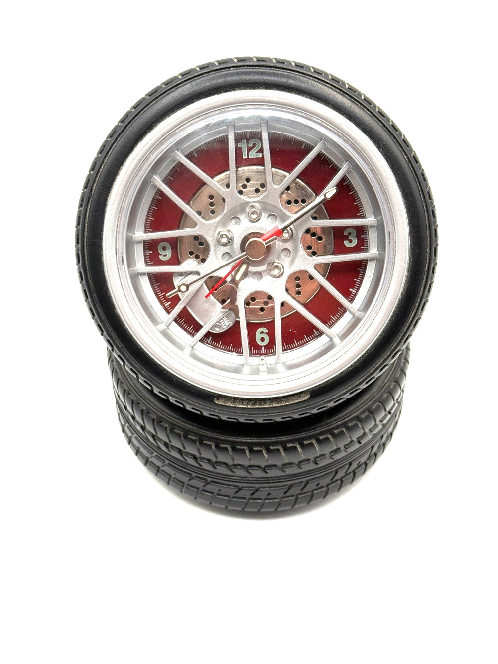 Car Tire Wheel Rim Desk Clock with Matching Tire Stand Red Silver Working Novelt